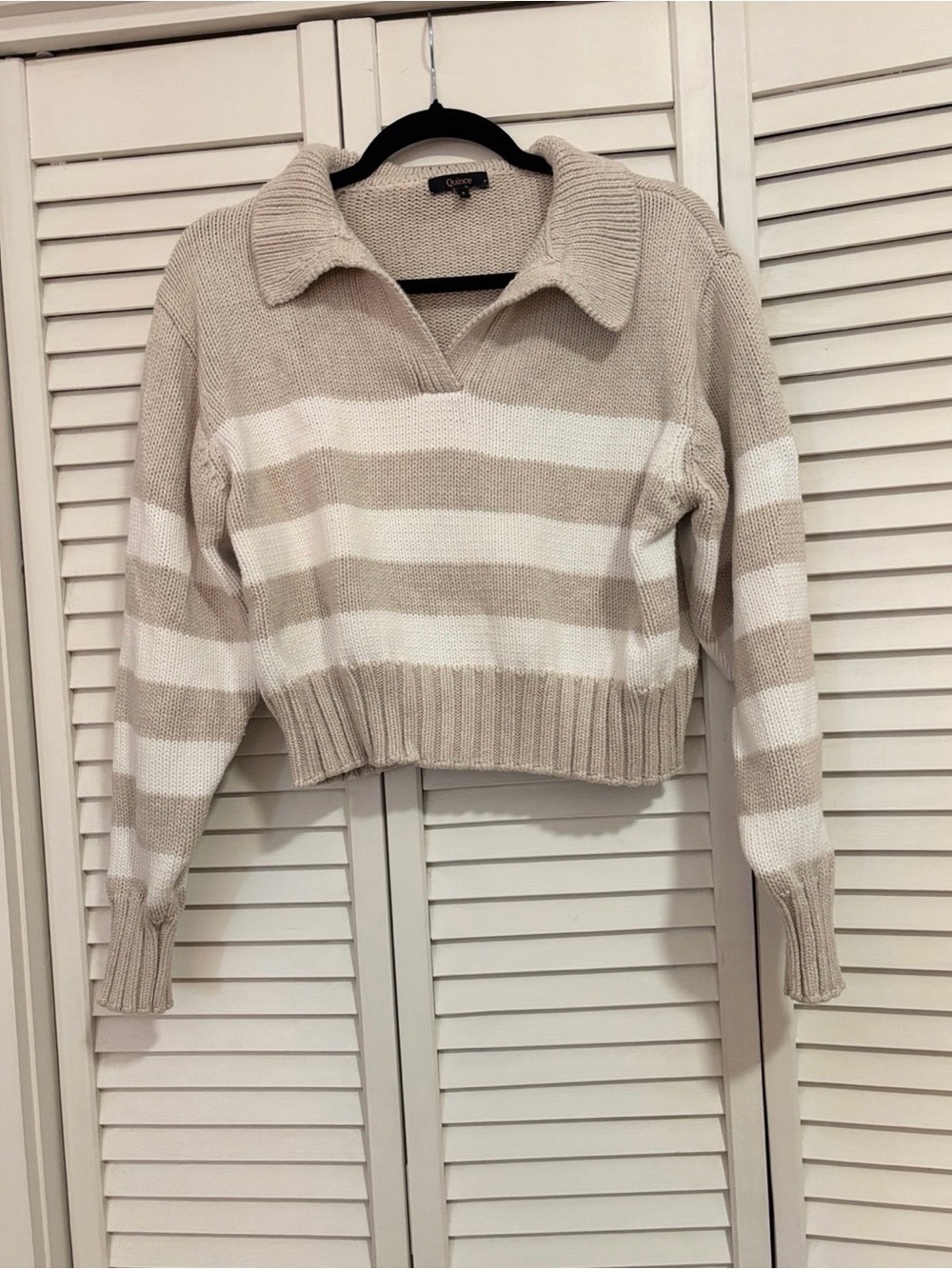 Quince Beige and White Striped V-Neck Collared Sweater